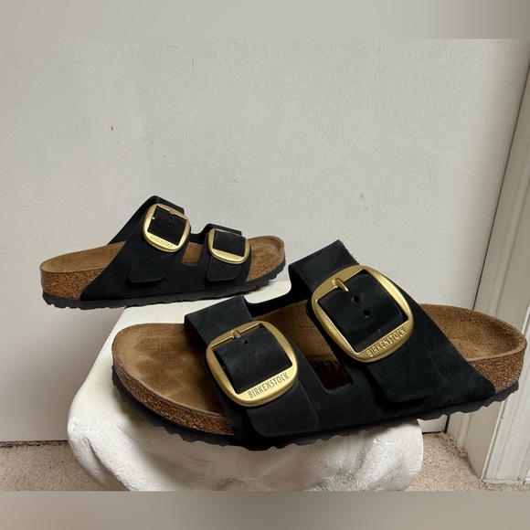 Birkenstock Shoes - Birkenstock Arizona Black Sandals with Gold buckles Accents size 7